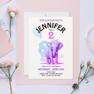 Invitation Fête d'anniversaire girly éléphant pastel aquarell