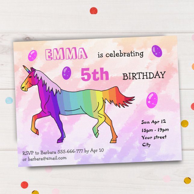 Invitation Fête d'anniversaire girly licorne arc-en-ciel mign (Créateur téléchargé)