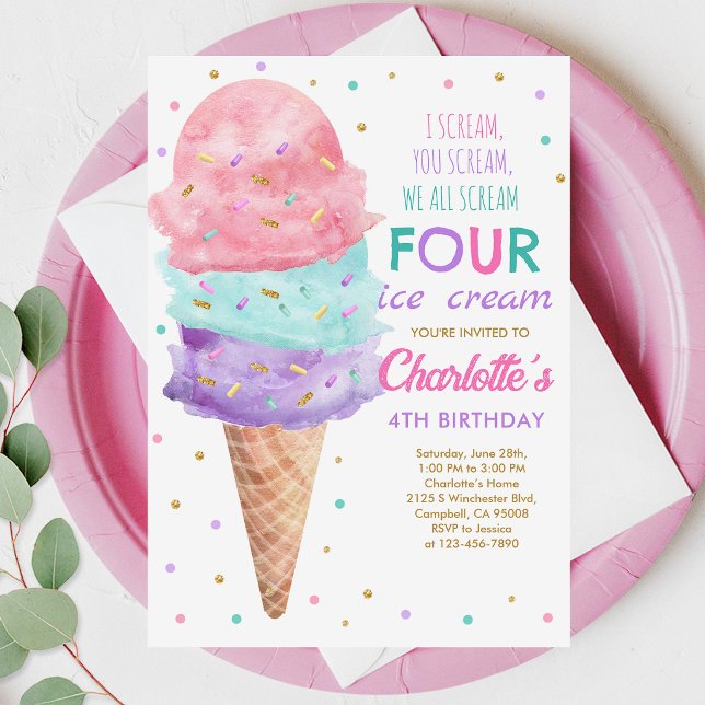 Invitation Fête d'anniversaire glace rose menthe violette (Créateur téléchargé)