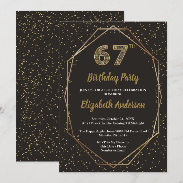 Invitation Fête d'anniversaire Glam Black Gold 67 ans (Devant / Derrière)