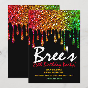 Invitation Fête d'anniversaire Glam Rasta Arc-en-ciel Paillet
