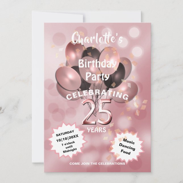 Invitation Fête d'anniversaire Glam Sparkle Glitz Rose 25e (Devant)