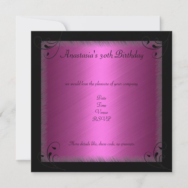 Invitation Fête d'anniversaire Glamor Hot fuchsia Black Flora (Devant)