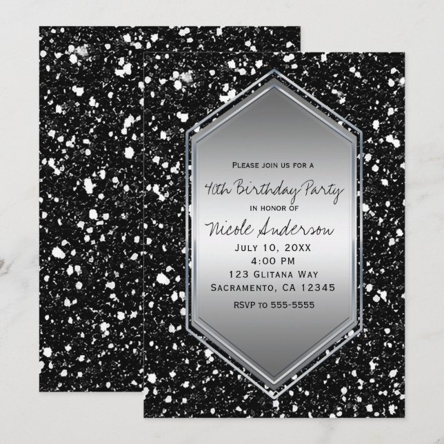 Invitation Fête d'anniversaire Glamour Argent Paillettes Noir (Devant / Derrière)