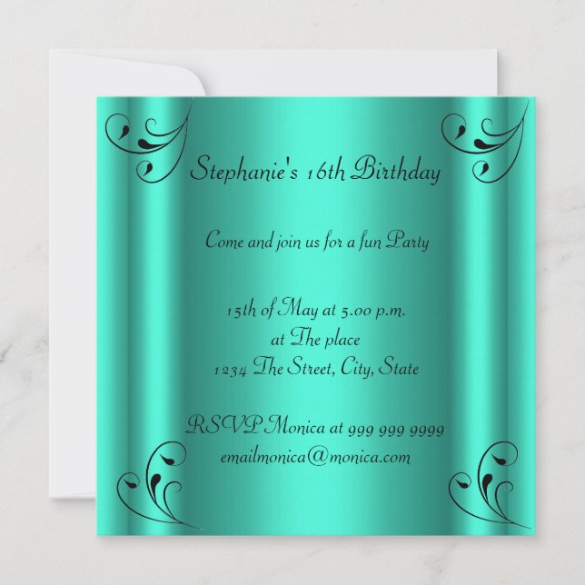 Invitation Fête d'anniversaire Glamour Hot Turquoise Noir Swe (Devant)