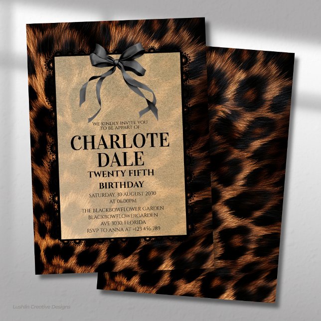 Invitation Fête d'anniversaire glamour léopard à nœud noir (Créateur téléchargé)