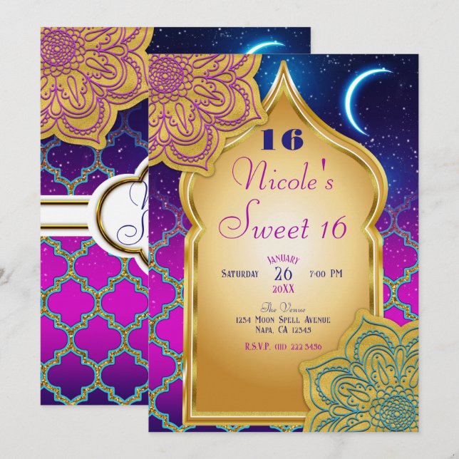 Invitation Fête d'anniversaire glamour nuits arabes or violet (Devant / Derrière)