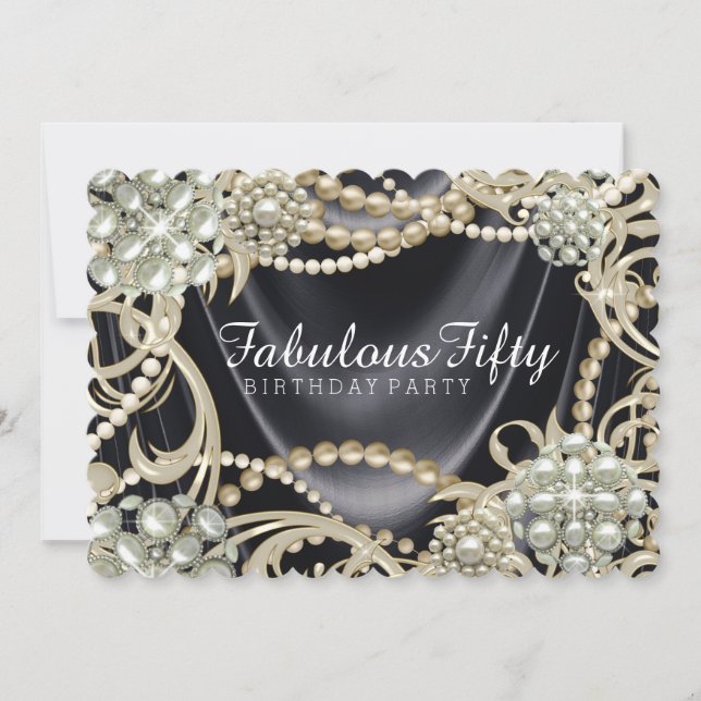 Invitation Fête d'anniversaire glamour perle de satin noir (Devant)