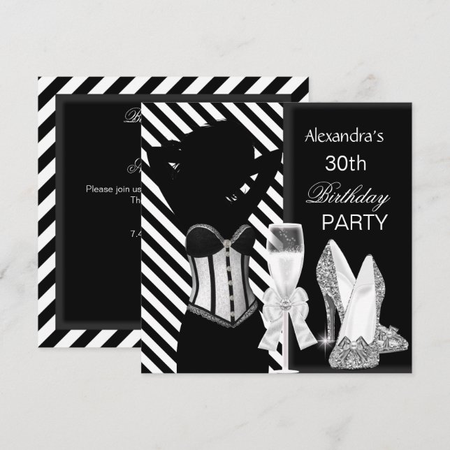 Invitation Fête d'anniversaire glamour rayée noir et blanc (Devant / Derrière)