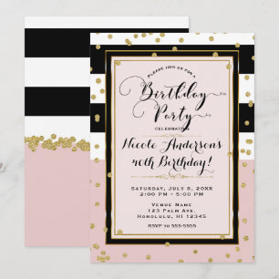 Invitation Fête d'anniversaire glamour rose poudré noir blanc