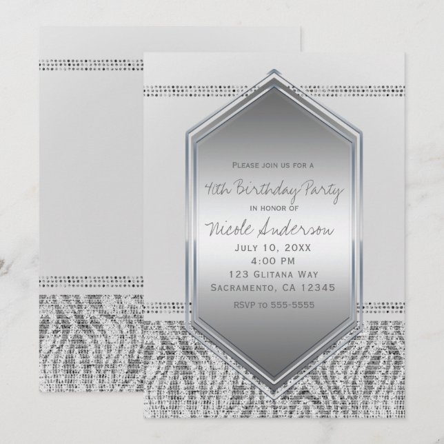 Invitation Fête d'anniversaire Glamour Zèbre Blanc Argent Tou (Devant / Derrière)