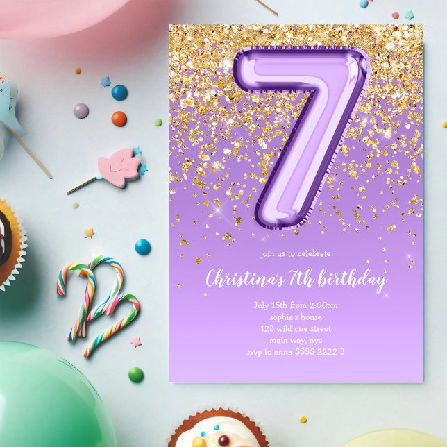 Invitation Fête d'anniversaire glitter violet 7ème ballon (Créateur téléchargé)