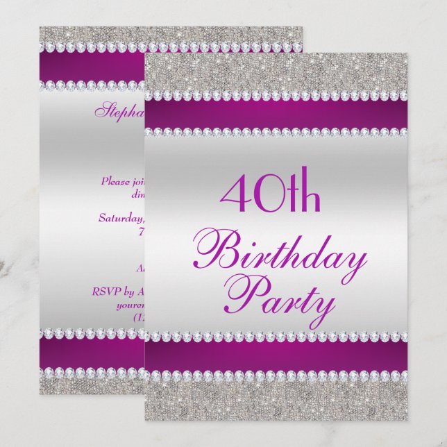 Invitation Fête d'anniversaire Glitzy Purple & Diamond Gem (Devant / Derrière)