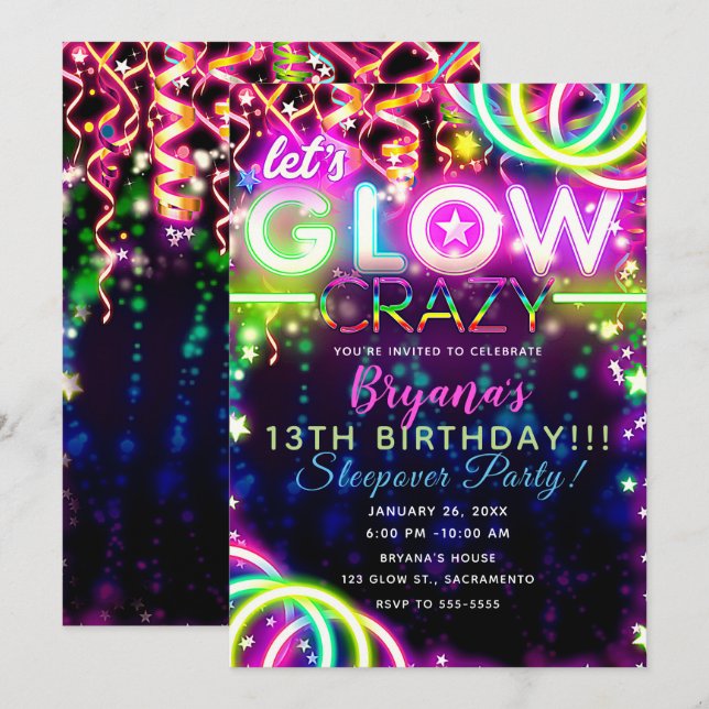 Invitation Fête d'anniversaire GLOW folle néon colorée (Devant / Derrière)