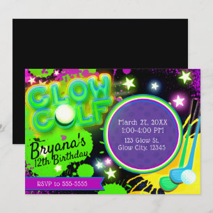 Invitation Fête d'anniversaire Glow Golf Étoiles Brillantes V