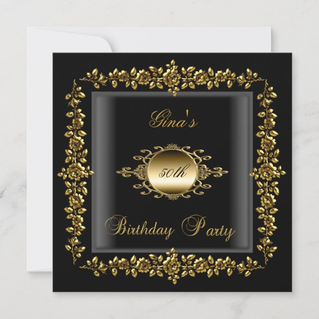 Invitation Fête d'anniversaire Gold Black Floral femmes 50e (Devant)