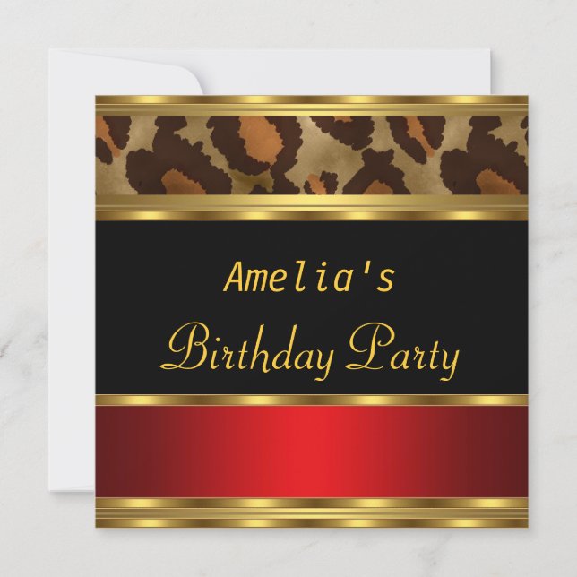 Invitation Fête d'anniversaire Gold Black Red Léopard (Devant)