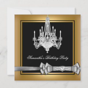 Invitation Fête d'anniversaire Gold Chandelier noir Argent Bo