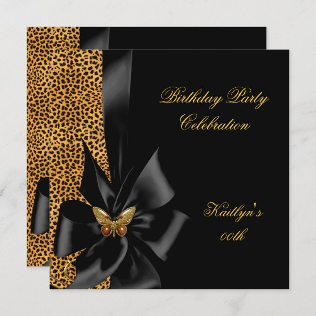 Invitation Fête d'anniversaire Gold Cheetah Papillon noir (Devant / Derrière)