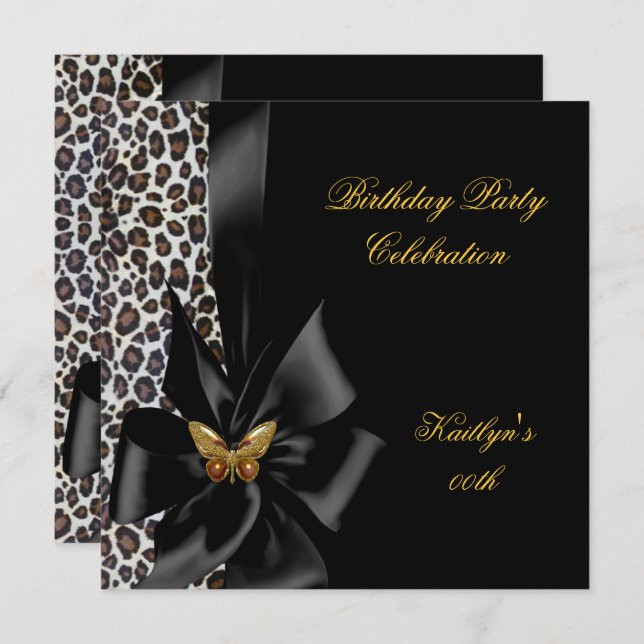 Invitation Fête d'anniversaire Gold Cheetah Papillon noir (Devant / Derrière)
