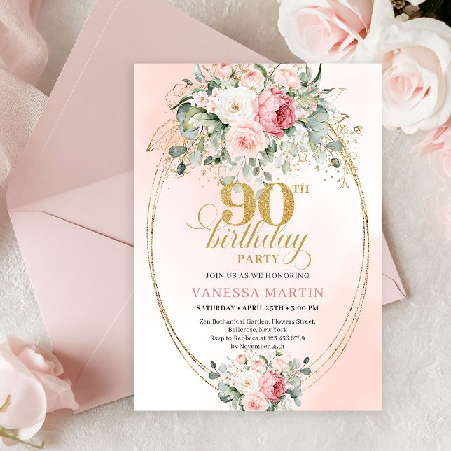 Invitation Fête d'anniversaire Gold Floral Greenery Boho Élég (Graceful Boho Blush Floral Greenery Birthday Invitation)