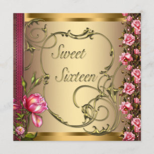Invitation Fête d'anniversaire Gold Pink Rose Sweet Sixteen