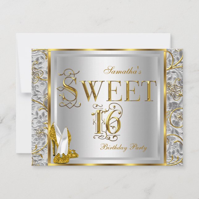 Invitation Fête d'anniversaire Gold Silver White Sweet Seize  (Devant)