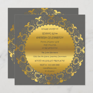 Invitation Fête d'anniversaire Golden Grey Lace Glam Wreath
