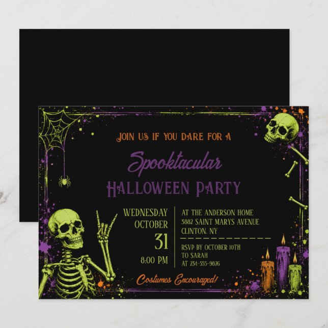 Invitation Fête d'anniversaire gothique Halloween squelette n (Devant / Derrière)