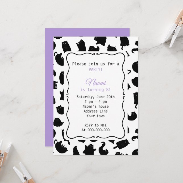 Invitation Fête d'anniversaire gothique pour chat pour enfant (Devant/Arrière en situation)