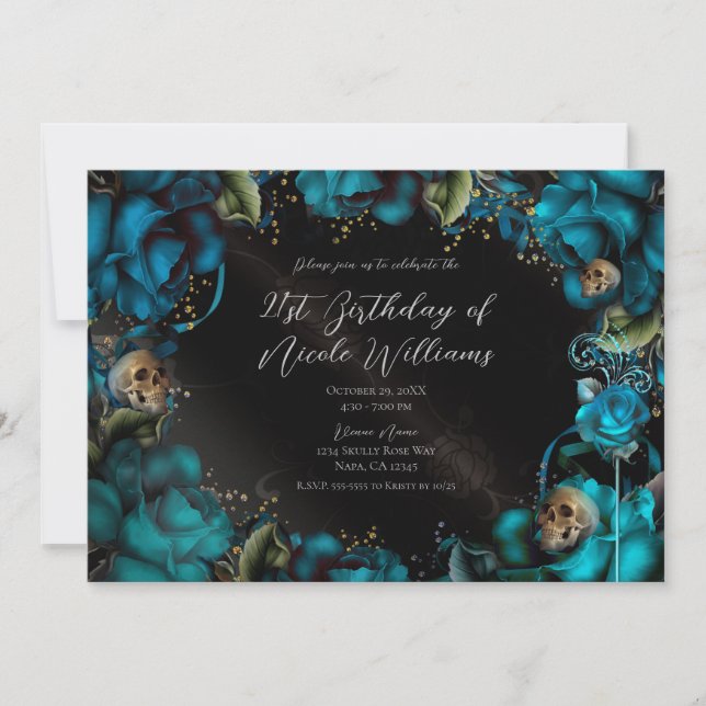 Invitation Fête d'anniversaire gothique Roses Turquoise Crâne (Devant)