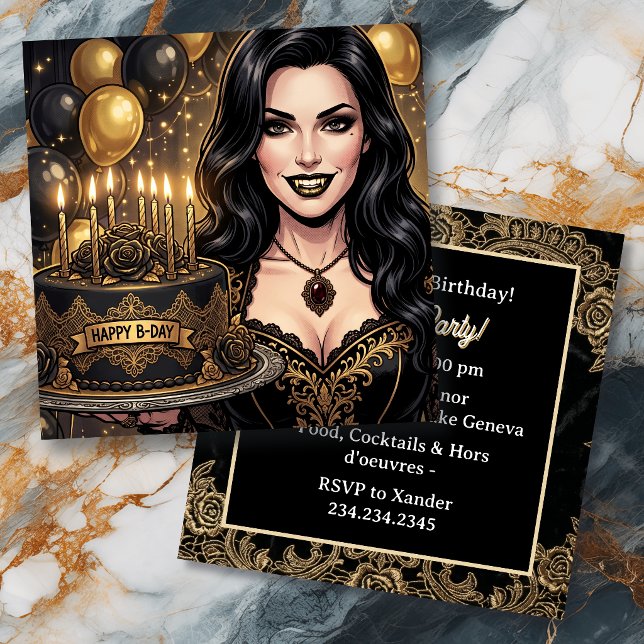 Invitation Fête d'anniversaire gothique vampire | Noir et or (Créateur téléchargé)