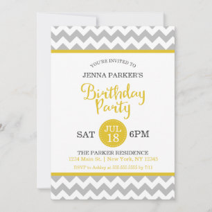 Invitation Fête d'anniversaire gris moderne et jaune de Chevr