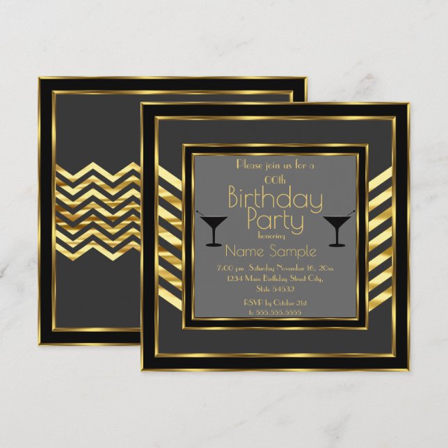 Invitation Fête d'anniversaire gris noir or Art Déco Martini (Devant / Derrière)