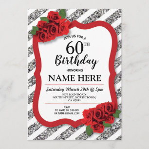 Invitation Fête d'anniversaire Gris Rouge Roses Argent Partie