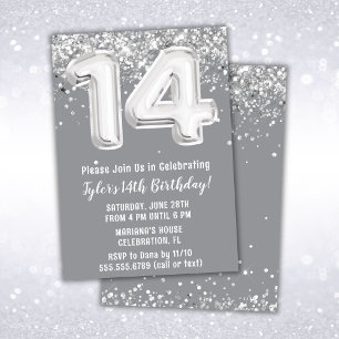 Invitation Fête d'anniversaire grise argentée 14 ans
