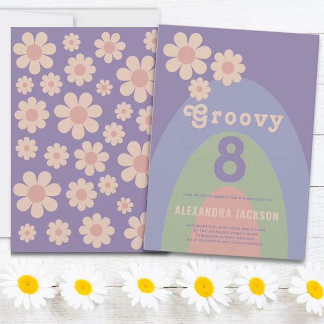 Invitation Fête d'anniversaire Groovy 8 Rétro 8 ans (Retro vintage daisy purple pink green groovy 8 birthday party invitation )