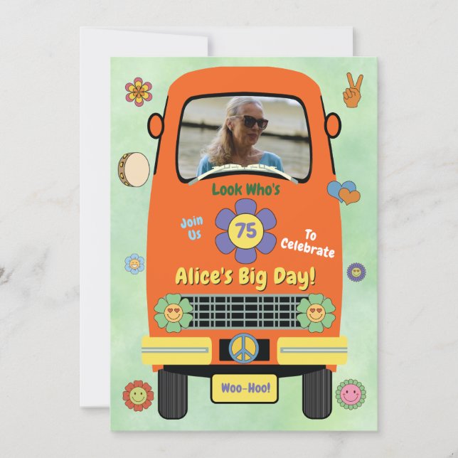 Invitation Fête d'anniversaire Groovy Hippie (Devant)