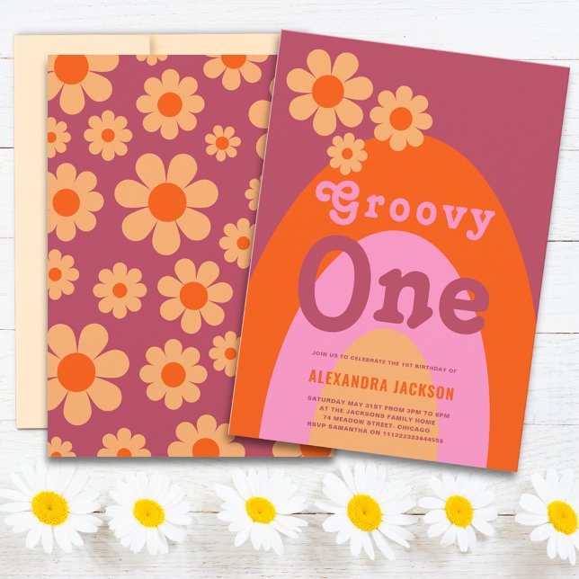 Invitation Fête d'anniversaire Groovy One Daisy Arch 1er (Groovy one retro daisy arch 1st birthday party invitation orange pink yellow)