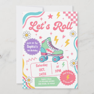 Invitation Fête d'anniversaire Groovy Retro pour filles patin