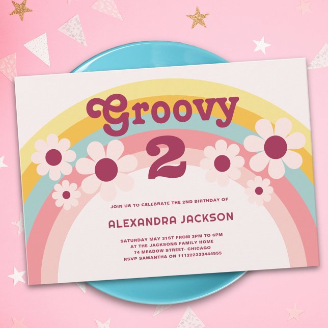 Invitation Fête d'anniversaire Groovy Two Daisy Rainbow 2 ans (Groovy 2 pastel daisy rainbow retro 2nd birthday party invitation pink yellow )