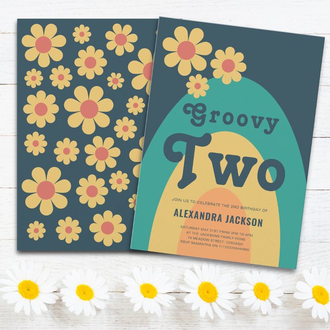 Invitation Fête d'anniversaire Groovy Two Rétro Marguerite (Groovy two retro boho 2nd birthday party invitation with hippie daisy arch)