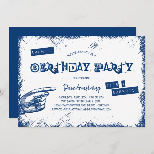 Invitation Fête d'anniversaire grunge de surprise Shhh (Devant / Derrière)