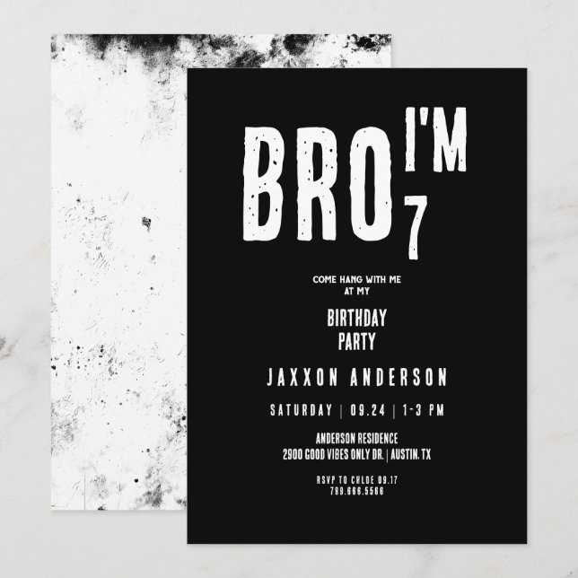 Invitation Fête d'anniversaire grunge garçon noir et blanc (Devant / Derrière)
