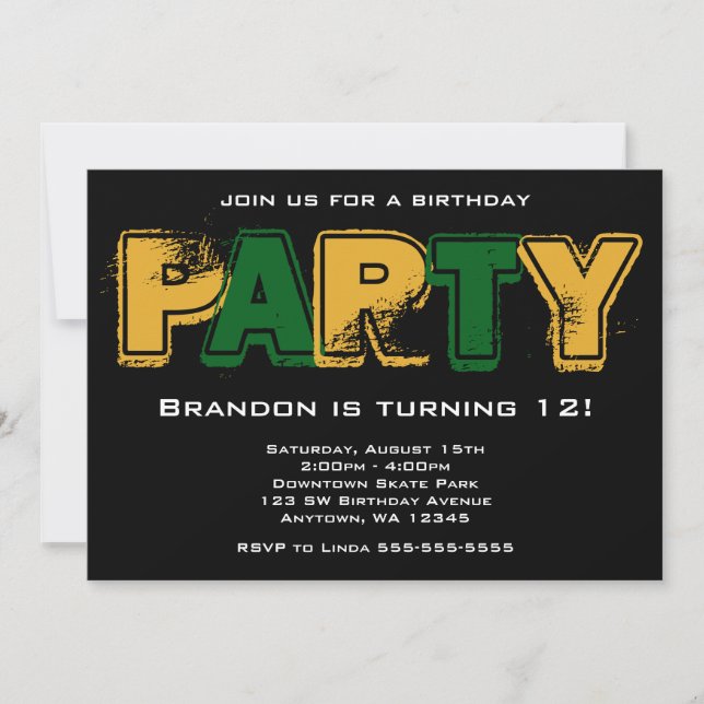 Invitation Fête d'anniversaire grunge verte et or (Devant)