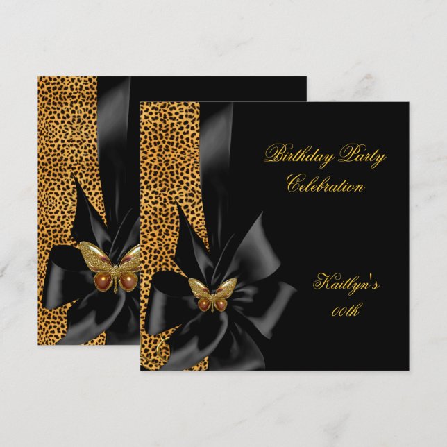 Invitation Fête d'anniversaire Guépard doré Papillon noir (Devant / Derrière)