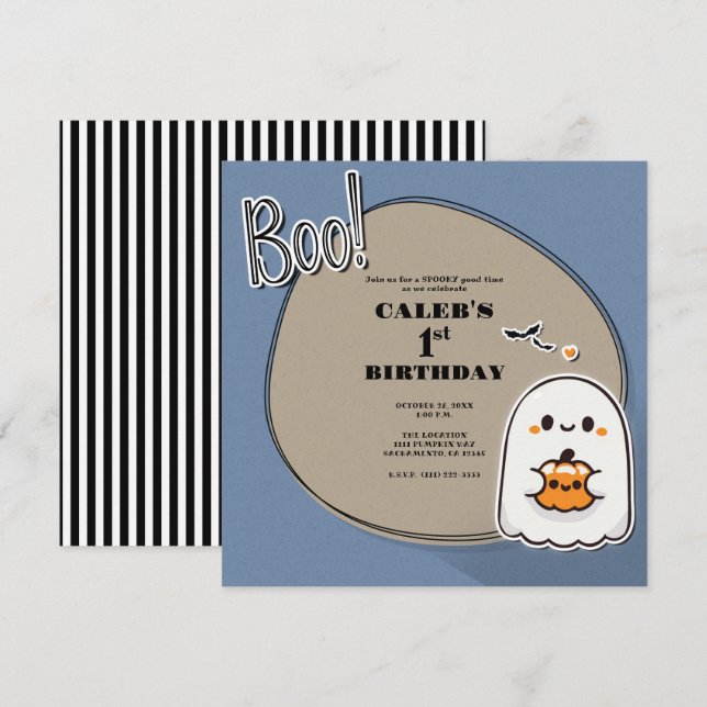 Invitation Fête d'anniversaire Halloween bleu pour 1 an de pe (Devant / Derrière)