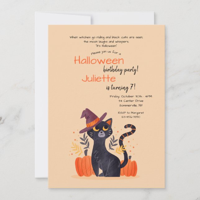 Invitation Fête d'anniversaire Halloween Chat Noir (Devant)