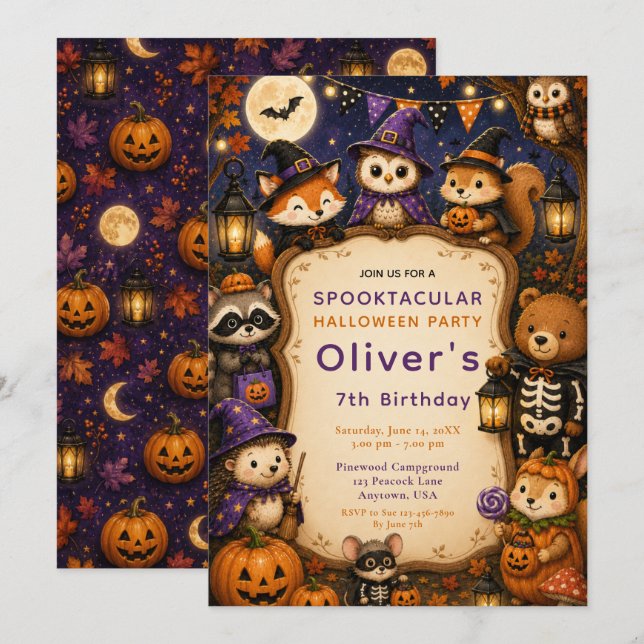 Invitation Fête d'anniversaire Halloween en forêt (Devant / Derrière)
