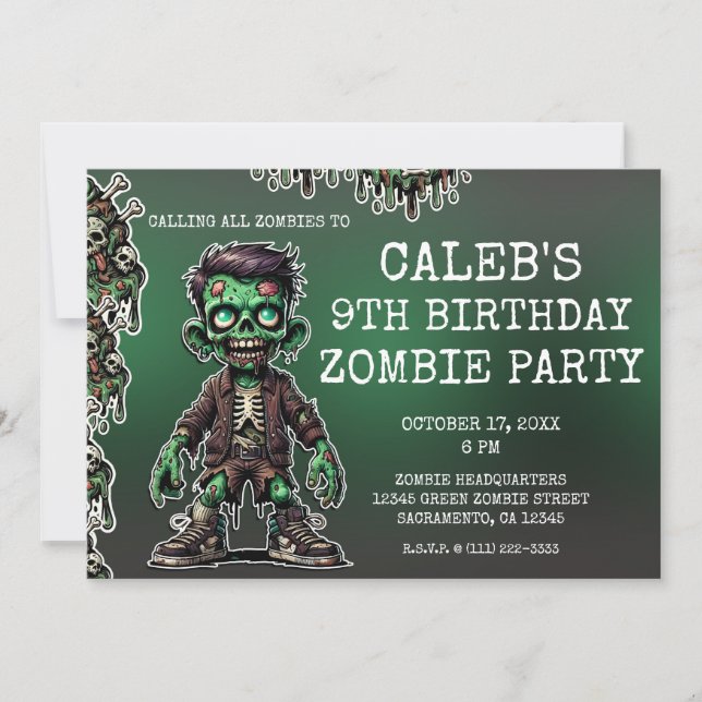 Invitation Fête d'anniversaire Halloween Enfant Zombie Vert & (Devant)